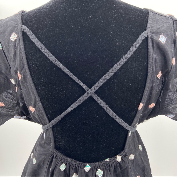 Free People Peasant Dress Embroidered Tie Waist Backless Off Shoulder Large - Picture 7 of 10